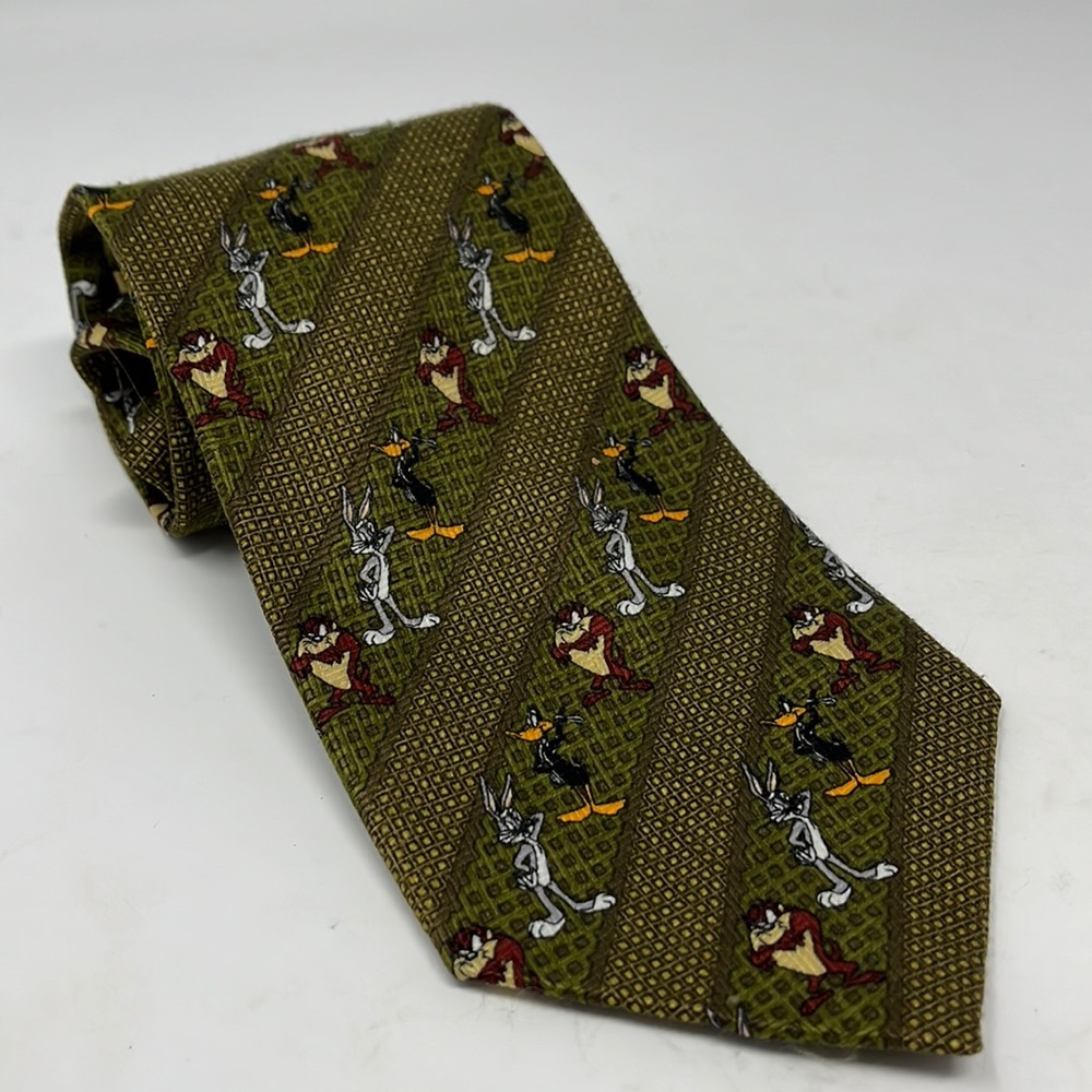 Vintage Looney Tunes Warner Bros. tie Olive Green Stripe